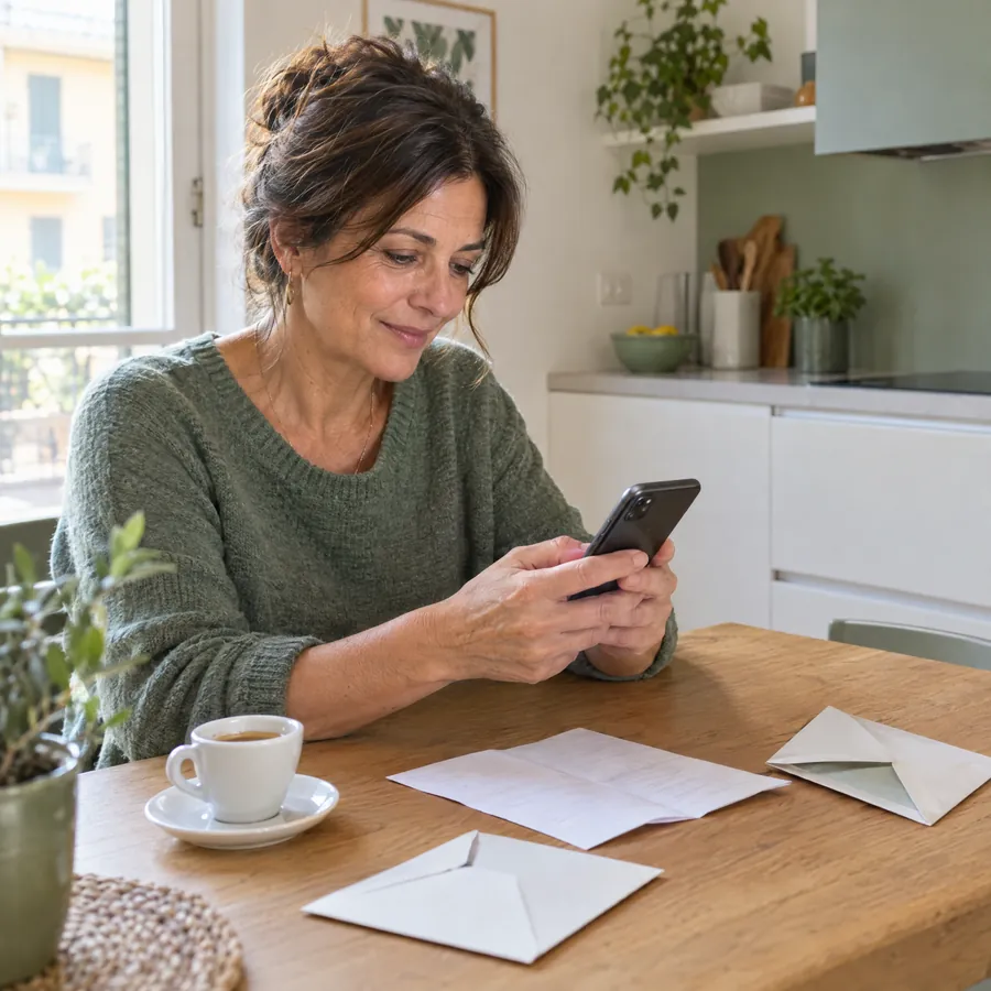 Una donna compila il modulo dal telefono al tavolo della cucina, accanto al caffè e a qualche lettera aperta