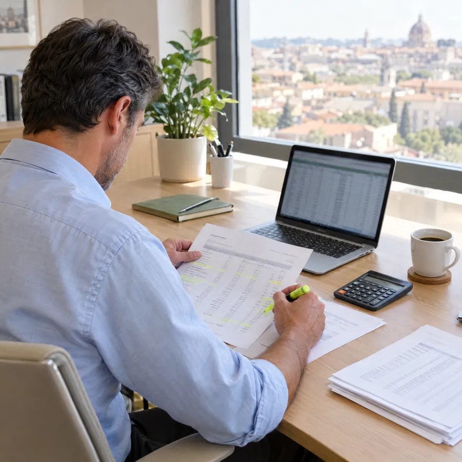 Un professionista evidenzia le voci di un estratto conto alla scrivania, accanto al portatile e alla calcolatrice